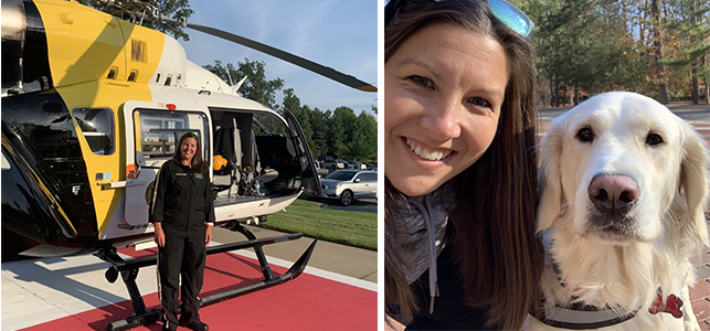 CHoR NICU nurse Amy Potter in front of a helicopter and with her dog