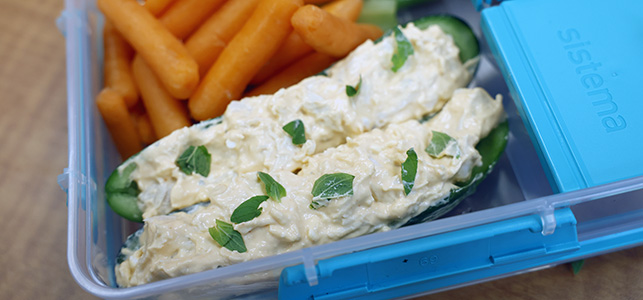 Buffalo chicken salad in cucumber boats with carrots