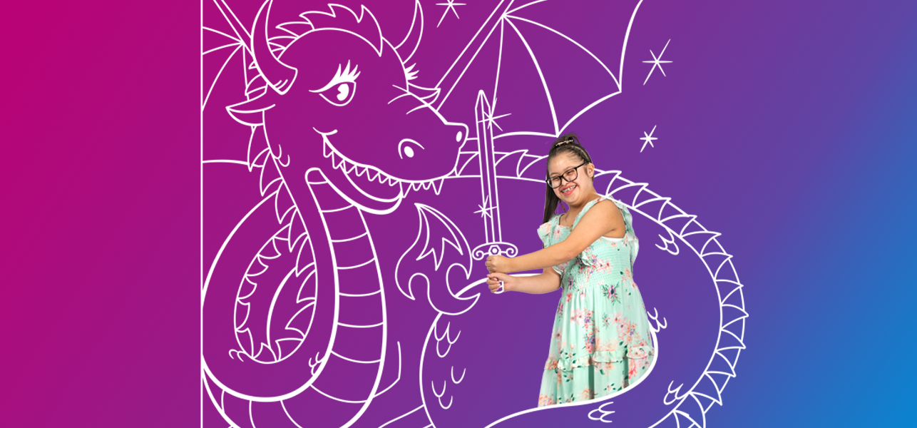 CHoR patient Erika with a drawing of her slaying a dragon