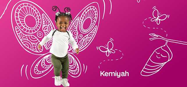 CHoR Calendar Kid Kemiyah smiling with a butterfly drawing in the background
