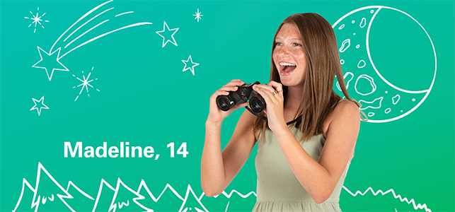 CHoR calendar kid Madeline holding binoculars and smiling