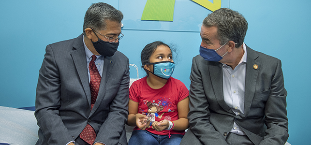 Mary Picado with Secretary Becerra and Governor Northam after receiving COVID-19 vaccine