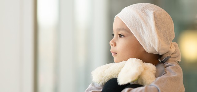 child looks out window with stuffed animal