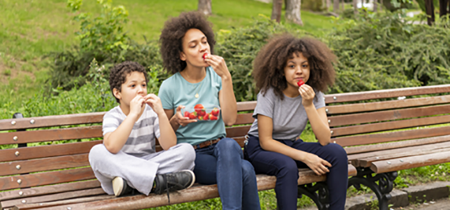 Mom and kids eating strawberries on a park bench