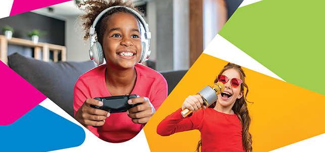Kids smiling and gaming with microphone