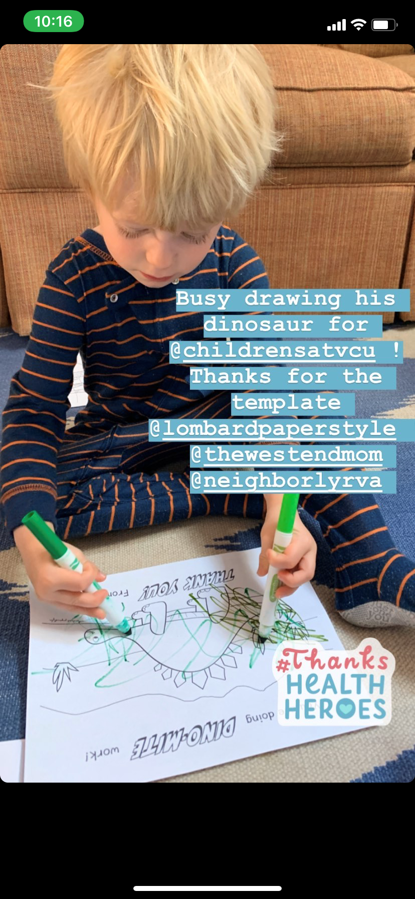 Drawing a dinosaur to thank health care heros
