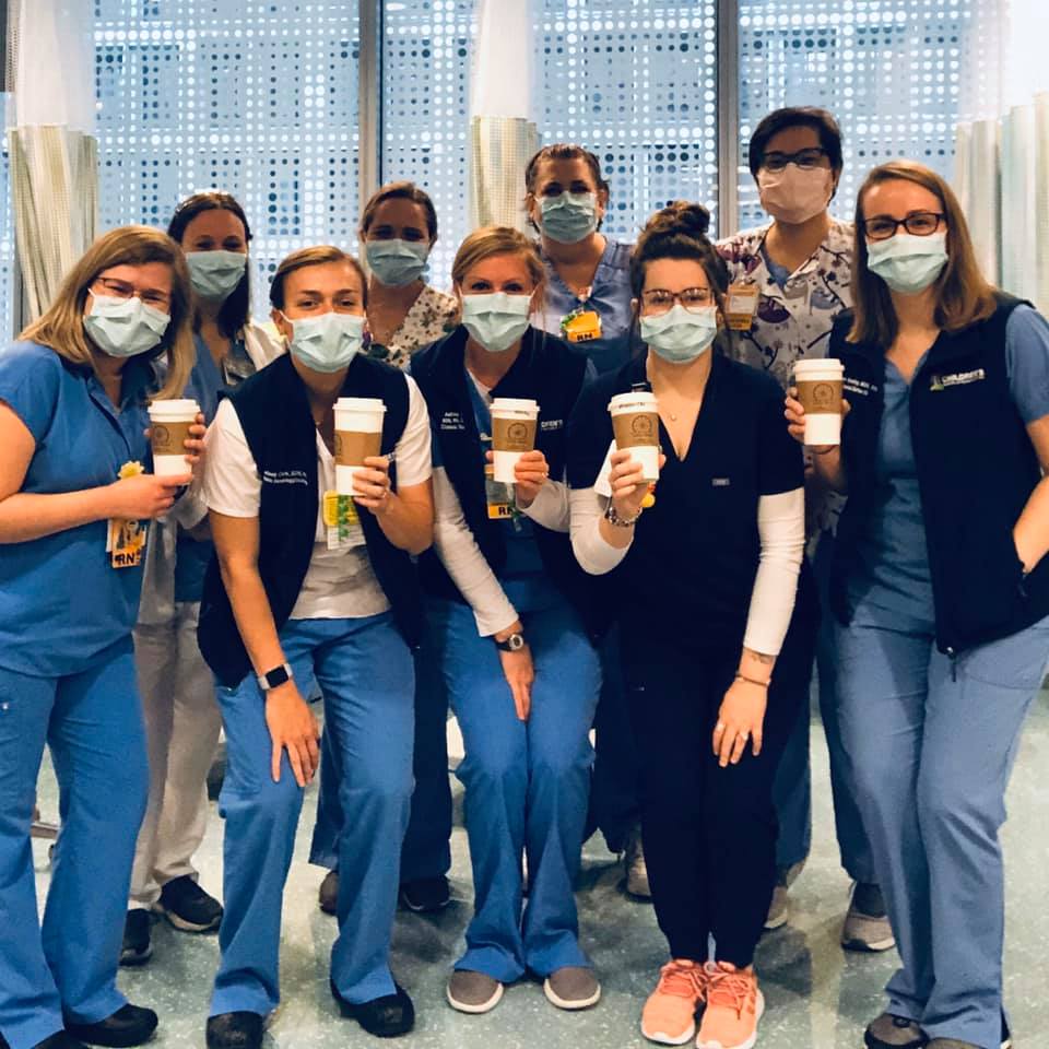 Hematology and oncology nurses receiving coffee from Little Bean Coffee Company